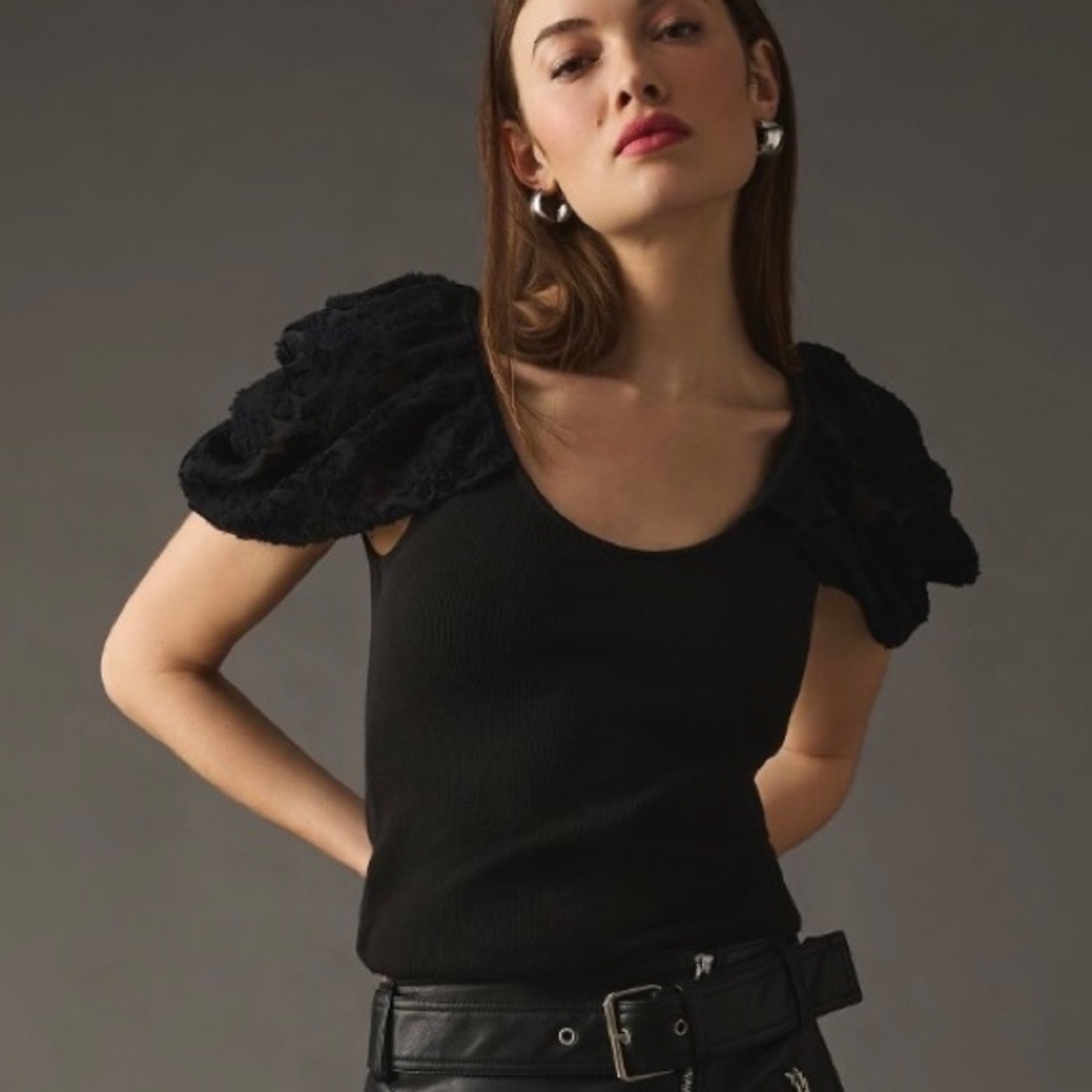 Anthropologie black tie back burnout lace puff sleeve top size XL